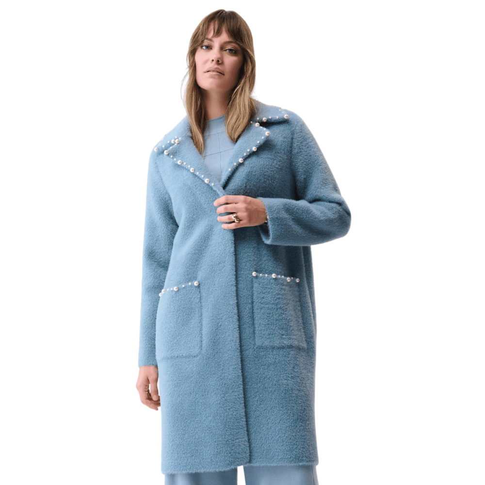 Joseph Ribkoff Feather Yarn Sweater Coat with Pearl Trim - Chambray