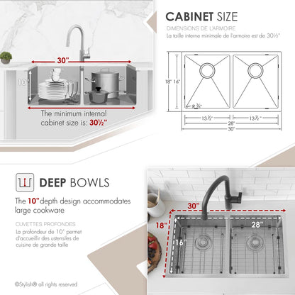 Stylish Onyx Dual Mount 30" Double-Bowl Stainless Steel Kitchen Sink - S-304TG