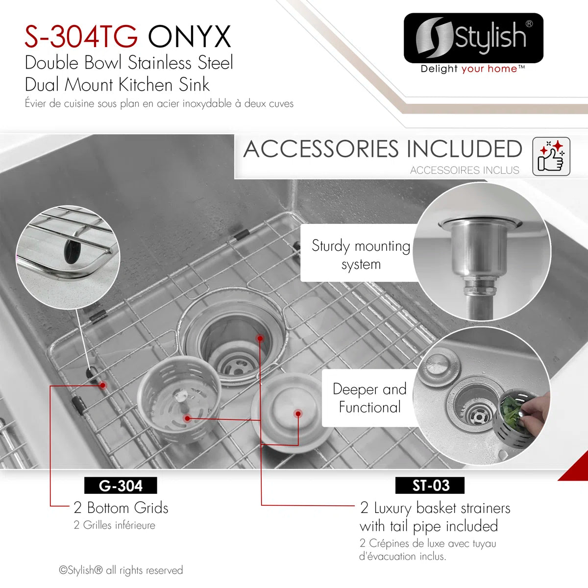 Stylish Onyx Dual Mount 30" Double-Bowl Stainless Steel Kitchen Sink - S-304TG