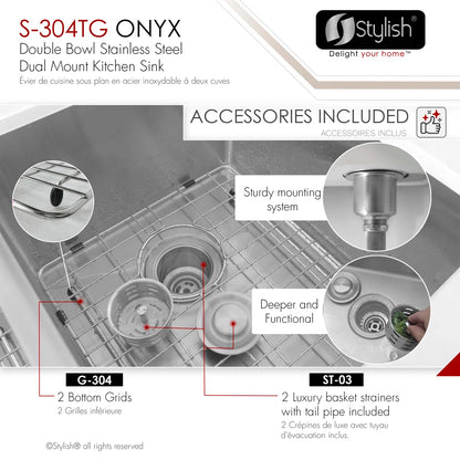 Stylish Onyx Dual Mount 30" Double-Bowl Stainless Steel Kitchen Sink - S-304TG