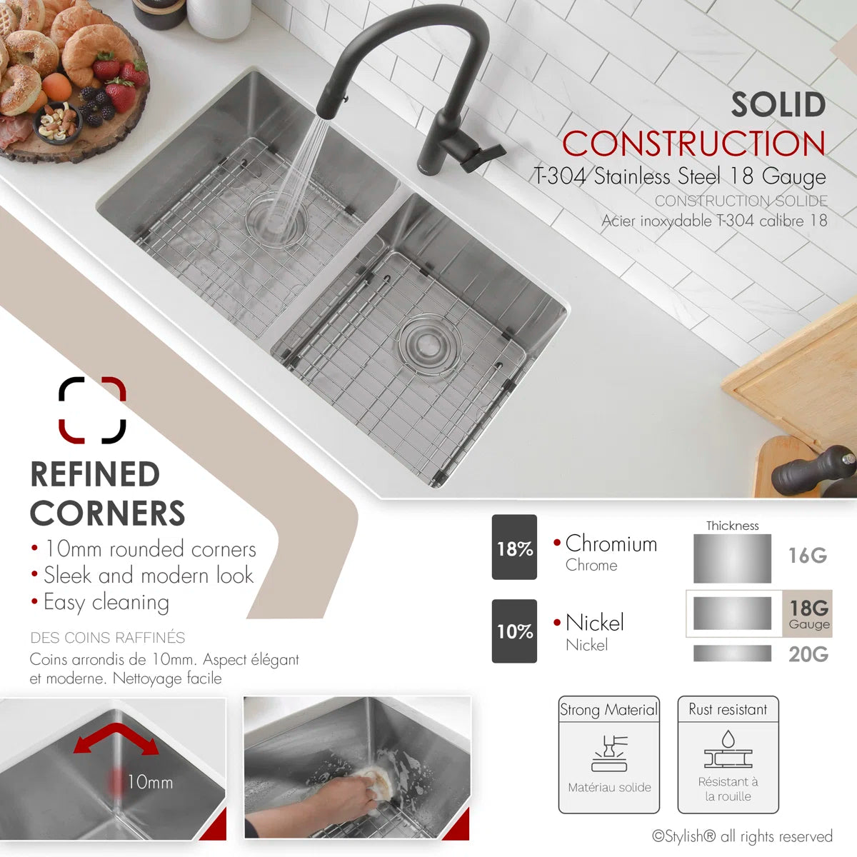 Stylish Onyx Dual Mount 30" Double-Bowl Stainless Steel Kitchen Sink - S-304TG