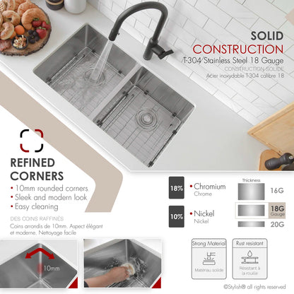Stylish Onyx Dual Mount 30" Double-Bowl Stainless Steel Kitchen Sink - S-304TG