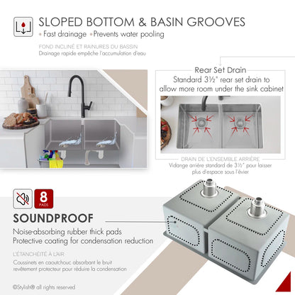 Stylish Onyx Dual Mount 30" Double-Bowl Stainless Steel Kitchen Sink - S-304TG