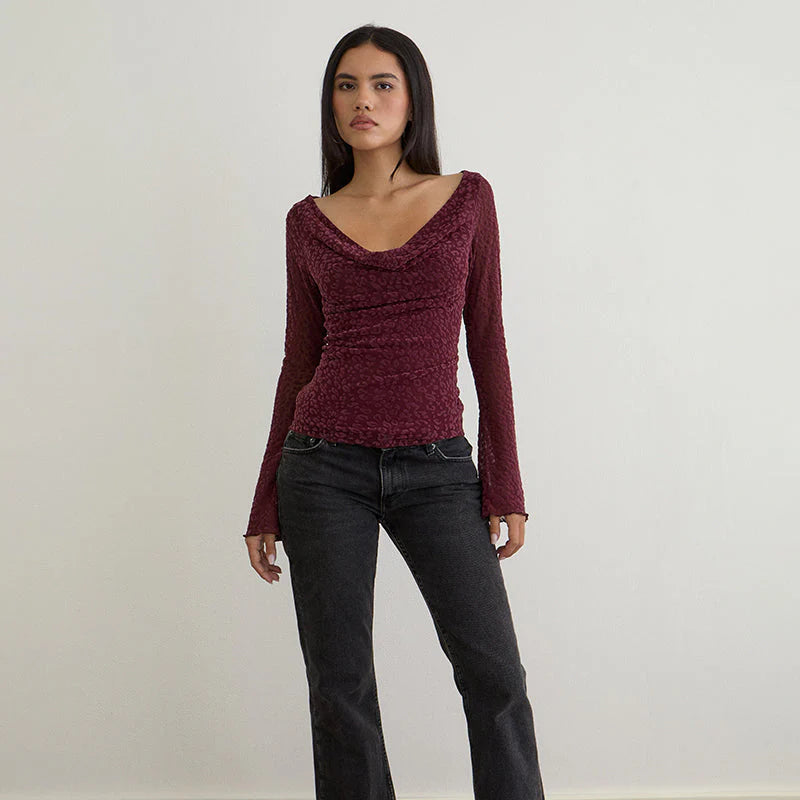 Motel Rocks Trivedi Long Sleeve Top in Flock Mini Leopard Plum