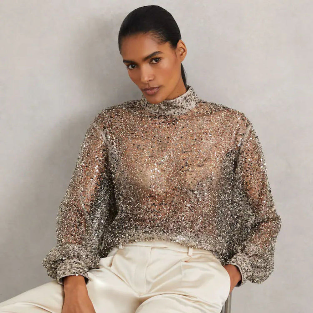 Reiss Sienna High-Neck Embellished Top in Silver