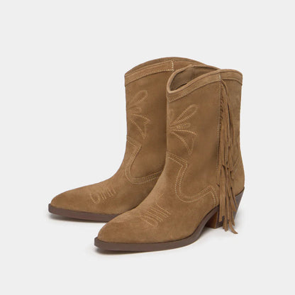 Brownie Spain Leather Cowboy Ankle Boots with Fringes - Sand