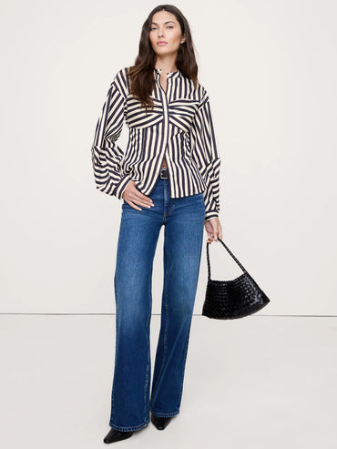 Banana Republic Cotton Poplin Balloon-Sleeve Shirt - Navy Blue Stripe