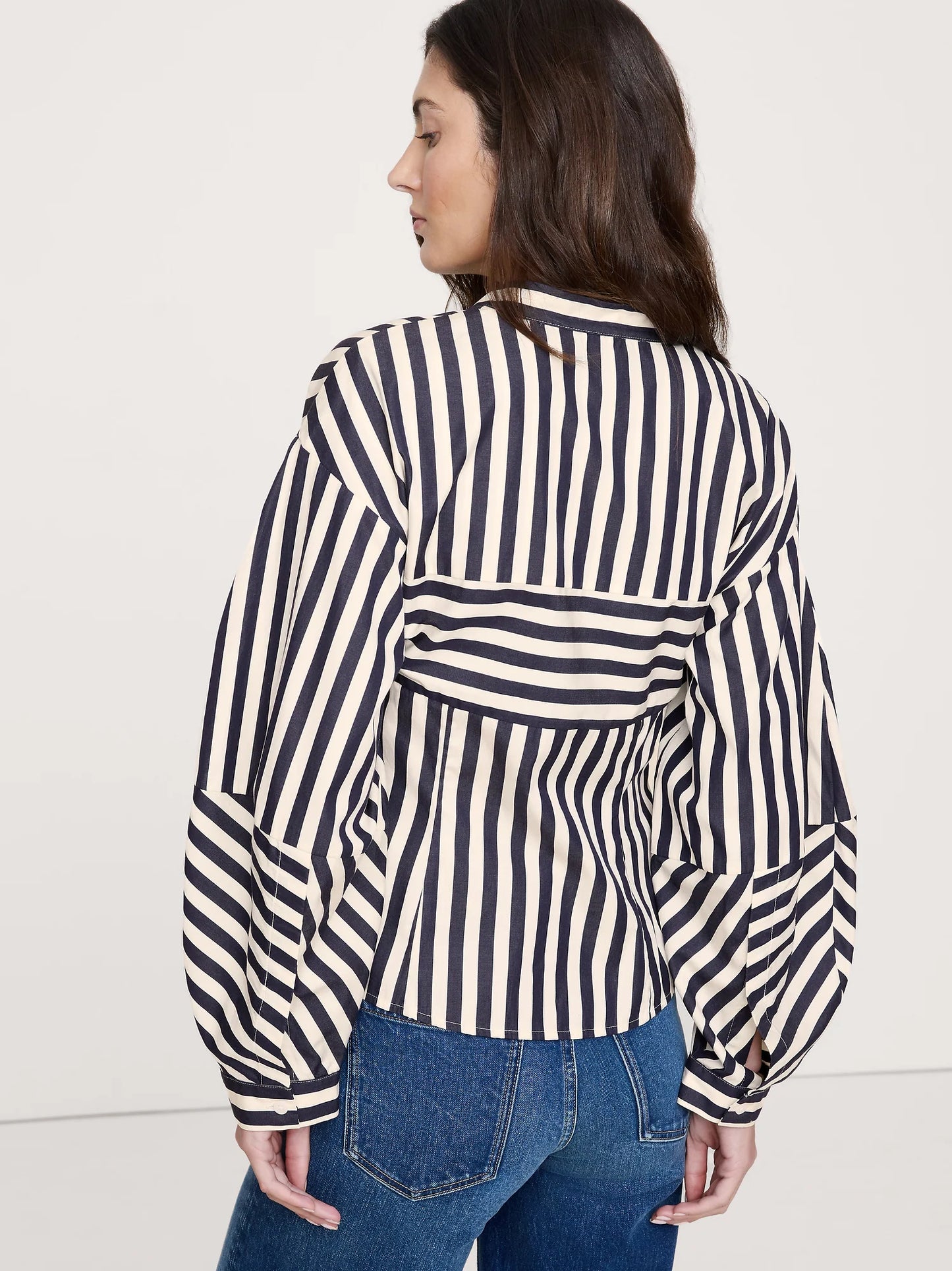 Banana Republic Cotton Poplin Balloon-Sleeve Shirt - Navy Blue Stripe