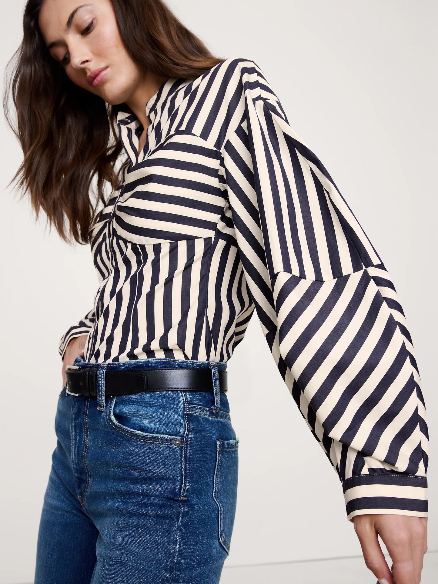 Banana Republic Cotton Poplin Balloon-Sleeve Shirt - Navy Blue Stripe