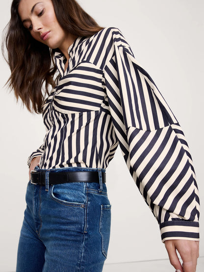 Banana Republic Cotton Poplin Balloon-Sleeve Shirt - Navy Blue Stripe