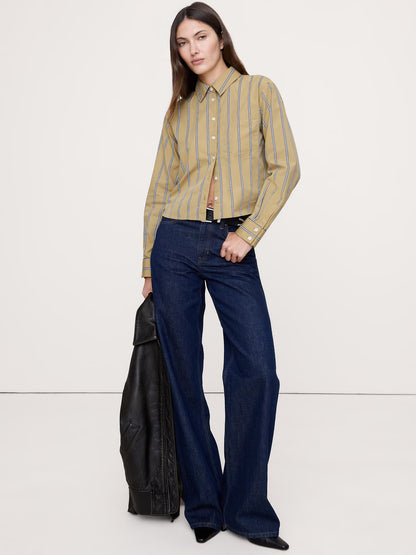 Banana Republic Cotton Poplin Ruffle-Back Shirt - Beige Large Stripe