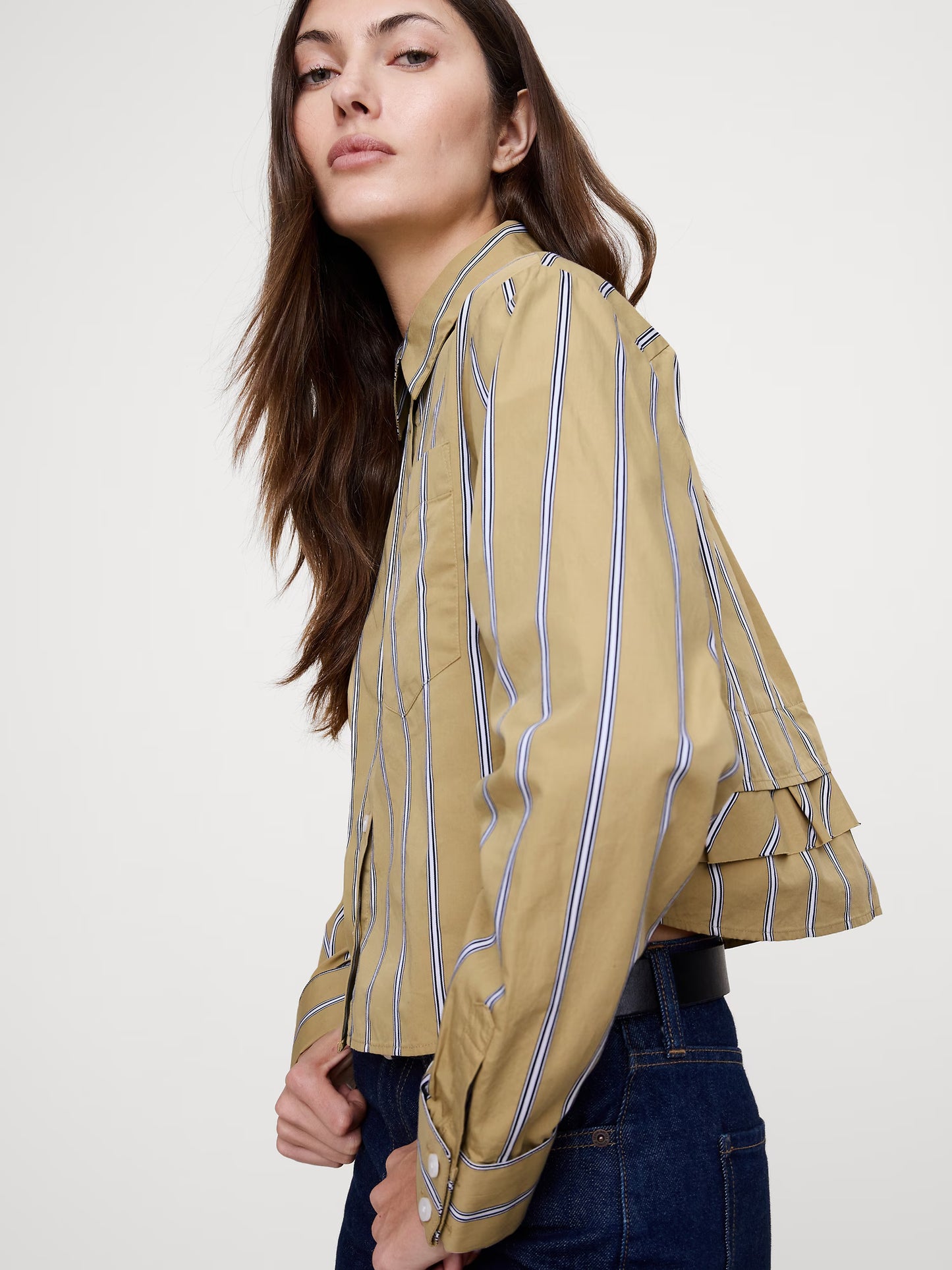 Banana Republic Cotton Poplin Ruffle-Back Shirt - Beige Large Stripe
