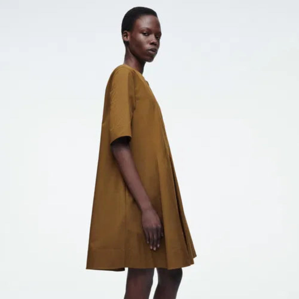 COS Pleated Zip-Up Cotton Mini Dress - Terracotta