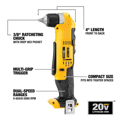 DEWALT 20V MAX Lithium-Ion Cordless 3/8-inch Right Angle Drill/Driver (Tool-Only)