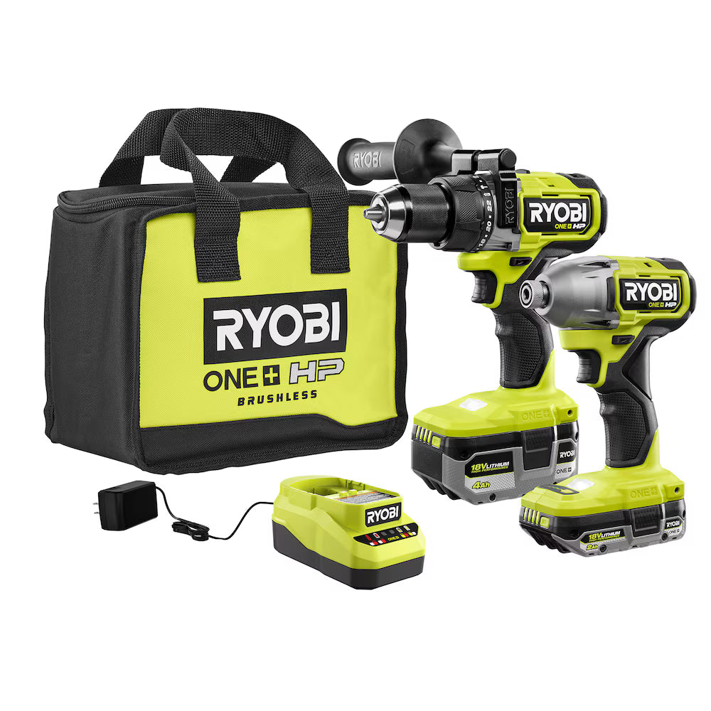 RYOBI 18V ONE+ HP Brushless Cordless Hammer Drill & Impact Driver Kit w/ (2) HP Batteries, Charger & Bag