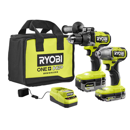 RYOBI 18V ONE+ HP Brushless Cordless Hammer Drill & Impact Driver Kit w/ (2) HP Batteries, Charger & Bag