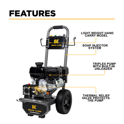 BE Power Equipment 3800 PSI 2.5 GPM Cold Water Gas Pressure Washer - PICK UP ONLY