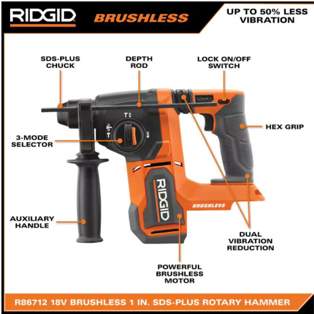 RIDGID 18V Brushless 1 in. SDS-Plus Rotary Hammer Kit