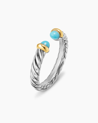 David Yurman Petite Cable Open Ring Sterling Silver with 14K Yellow Gold and Turquoise, 3.4mm