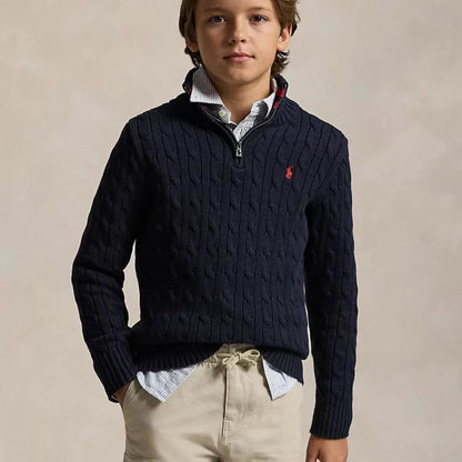 Ralph Lauren Kids Boys Cable-Knit Cotton Quarter-Zip Sweater in Navy